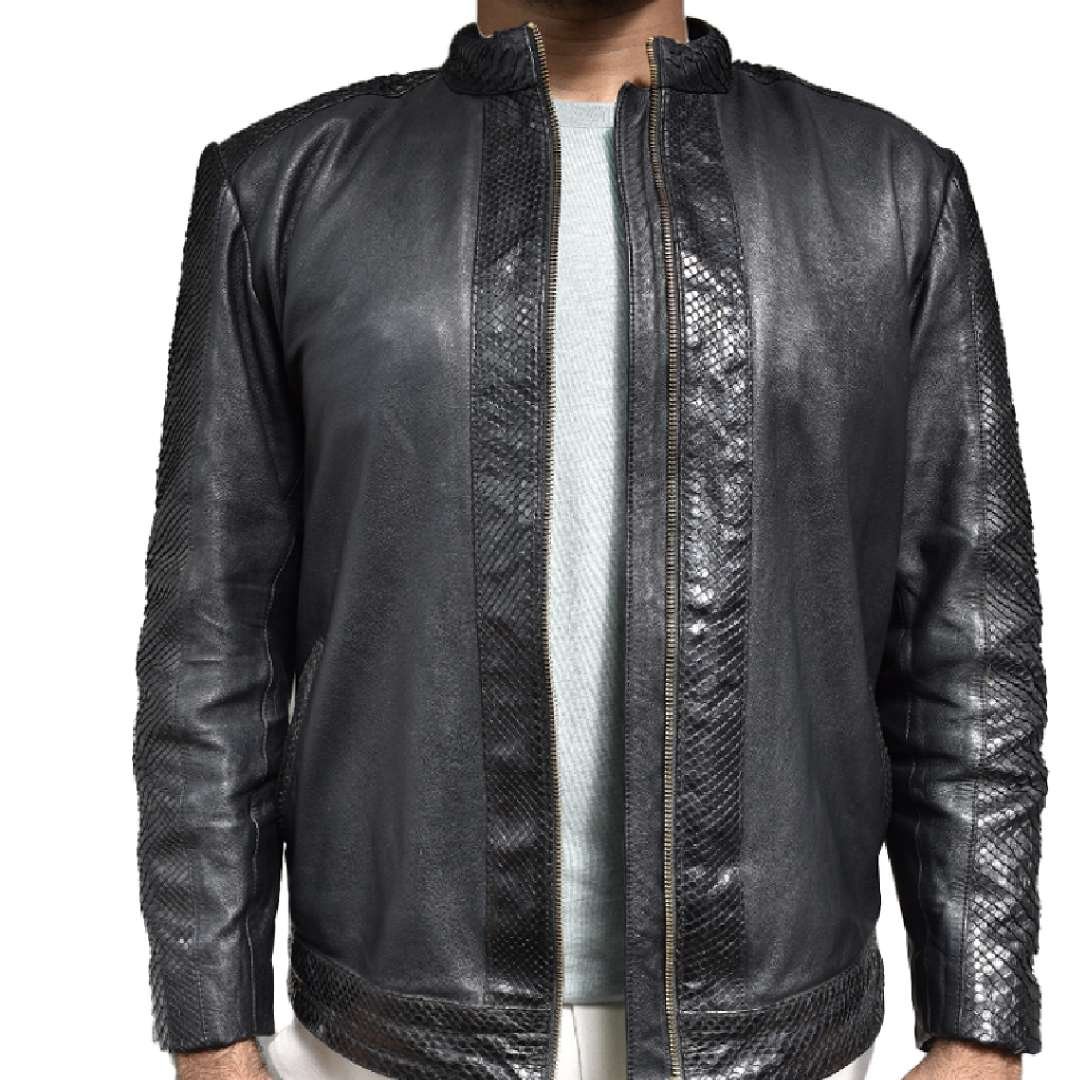 Black venom python leather jacket with lamb leather styling