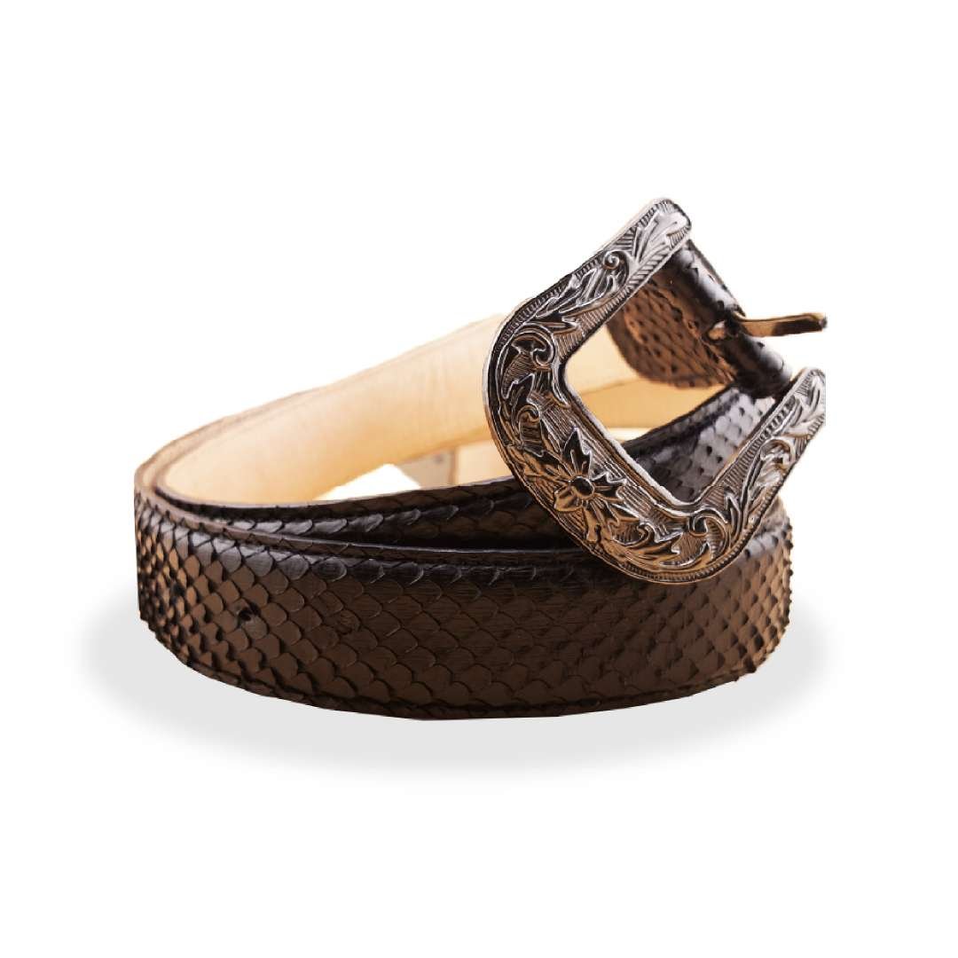 Authentic python leather belt with floral buckle